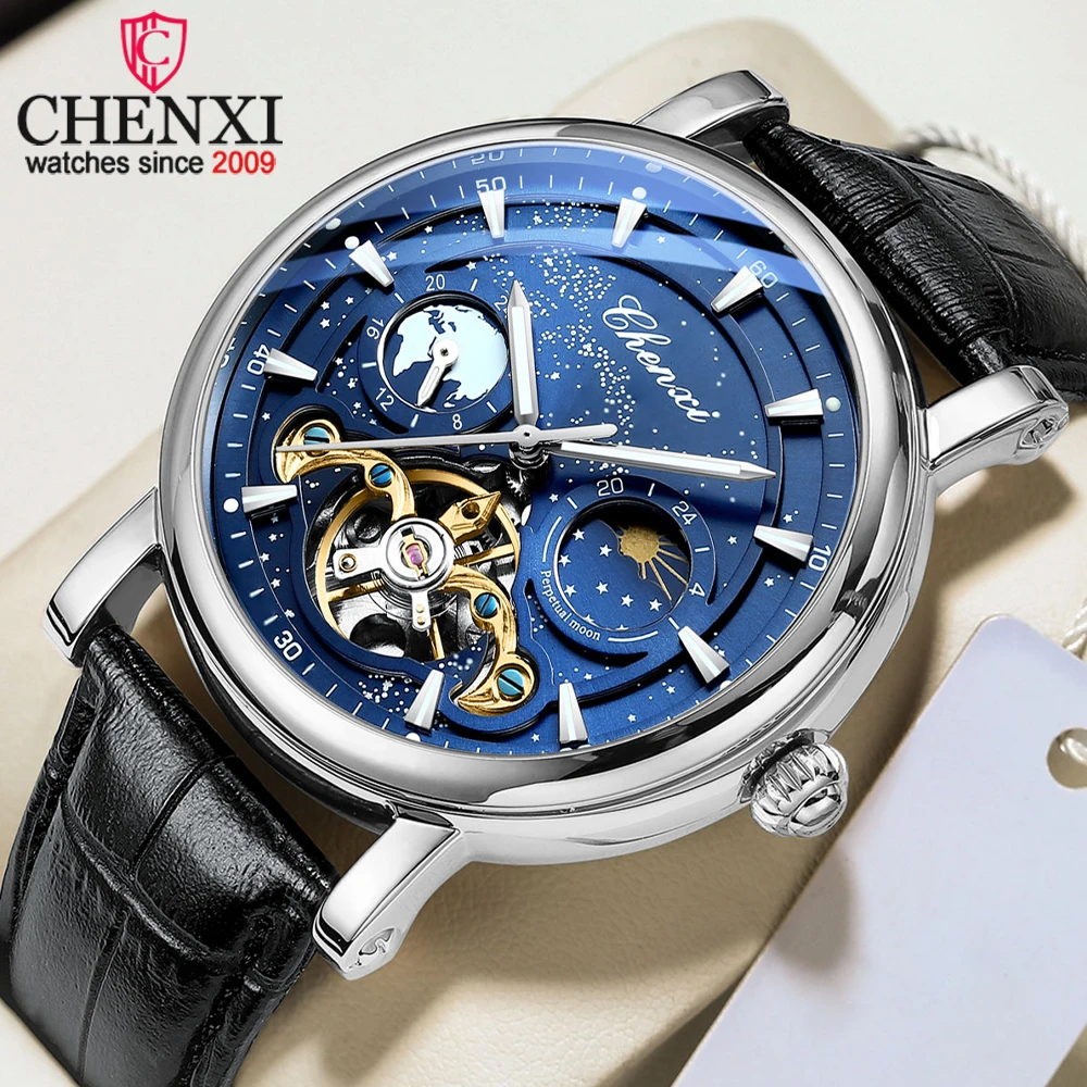 

CHENXI новые мужские автоматические часы лучший бренд механические наручные часы с кожаным ремешком водостойкие мужские светящиеся кварцевые модные часы