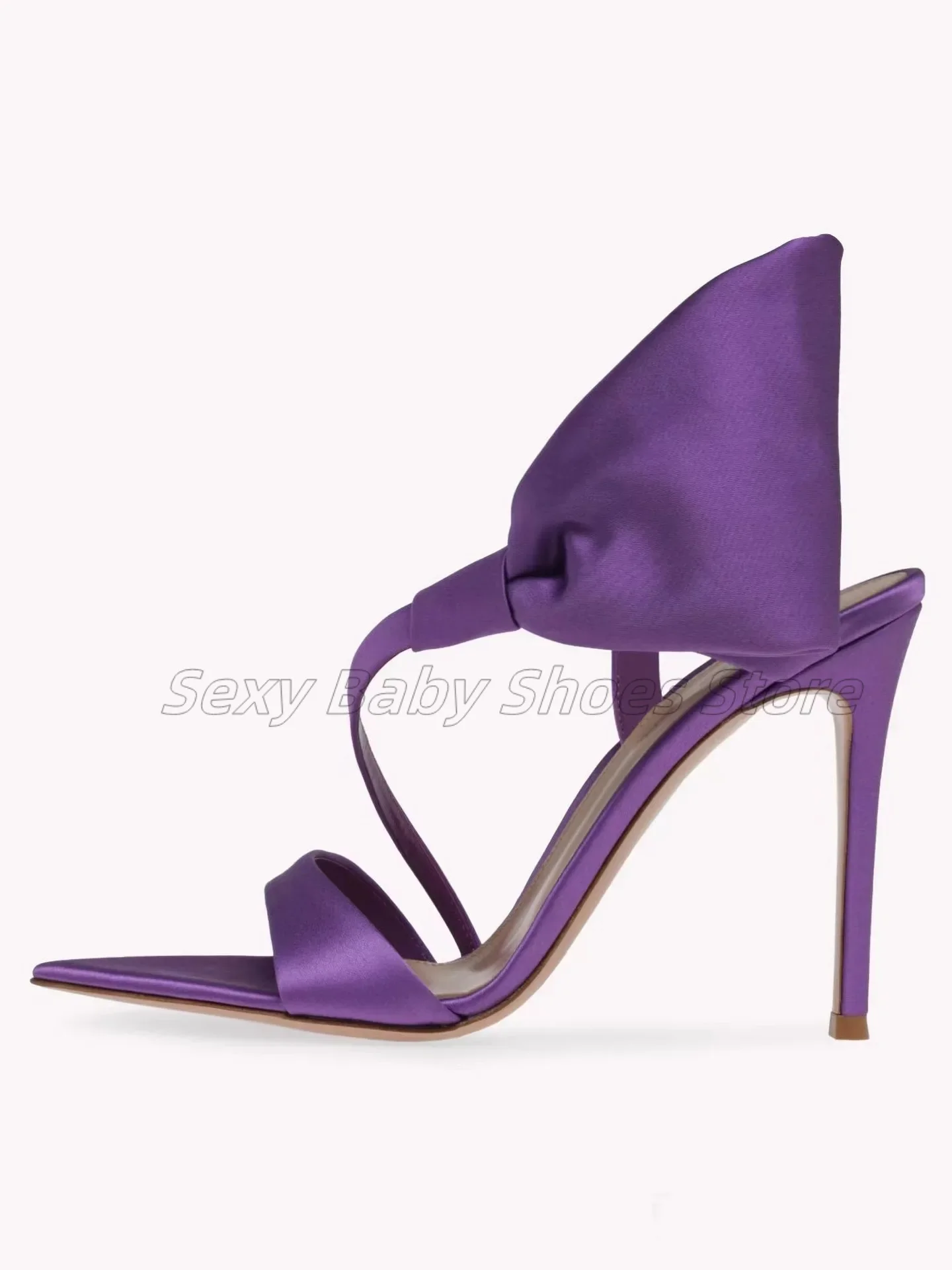 

Summer New High Heel Sandals Women's Pointed Purple Satin Bow Tie Thin Heel High Heel Sandals New Foreign Trade