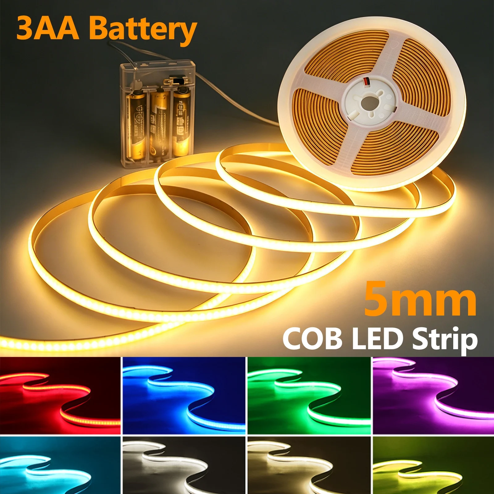 5V 320LEDs COB Strip LED Light 3AA Battery Box Powered 5MM PCB Flexible Adhesive Tape Ribbon Lamp For Stair Closet Kitchen Decor