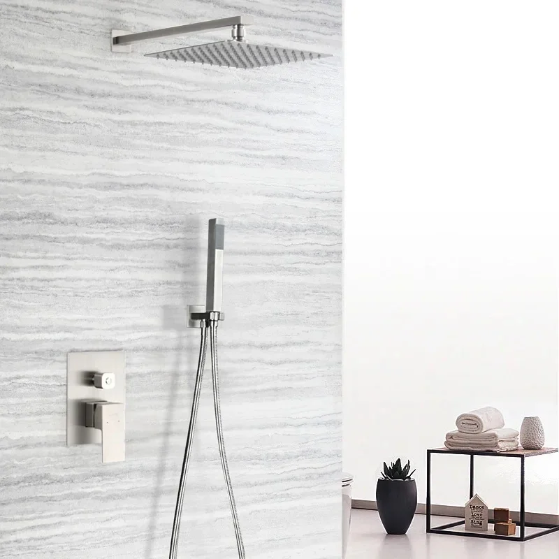 Rainfall Shower Sets Square Stainless Steel Concealed Shower Set Nickel Color Into Wall Two Functions Shower Faucet