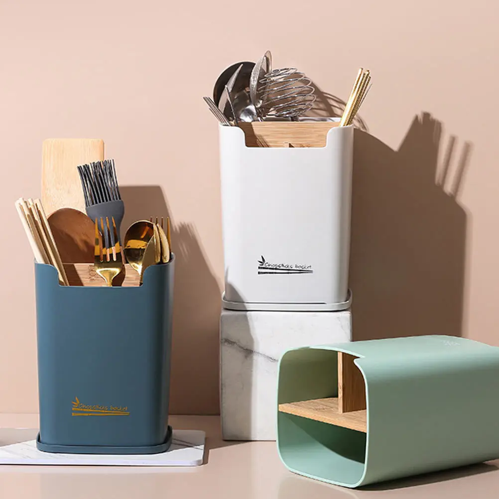 

1Pcs Bamboo and PP Tableware Holder Kitchen Utensil Organizer with Drainage Chopsticks Container for Countertop Spoon Fork