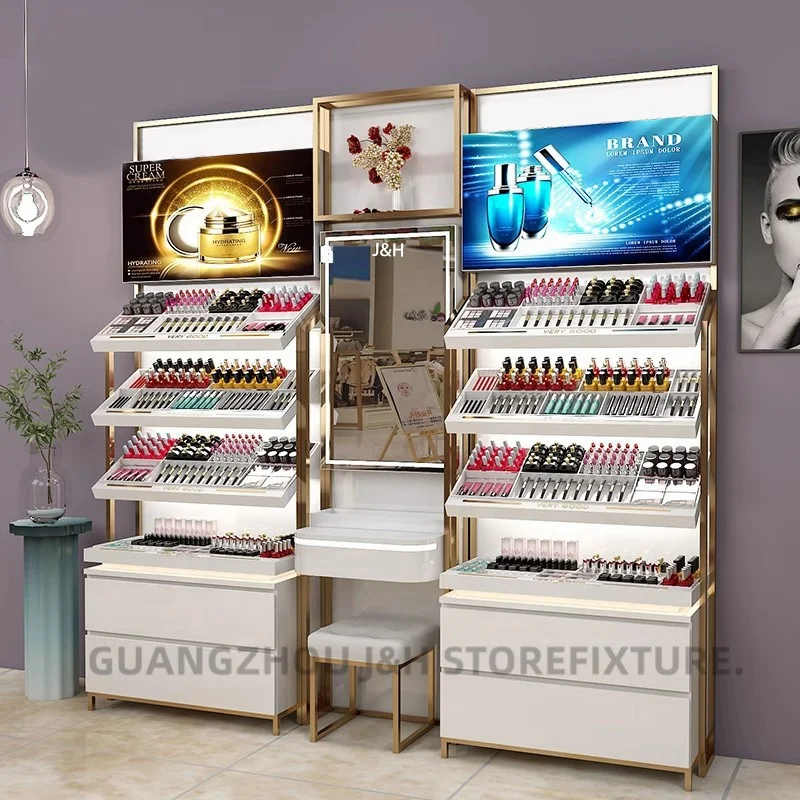 

Customized. luxury cosmetic shop showcase stainless steel makeup stand cosmetic product display rack retail store