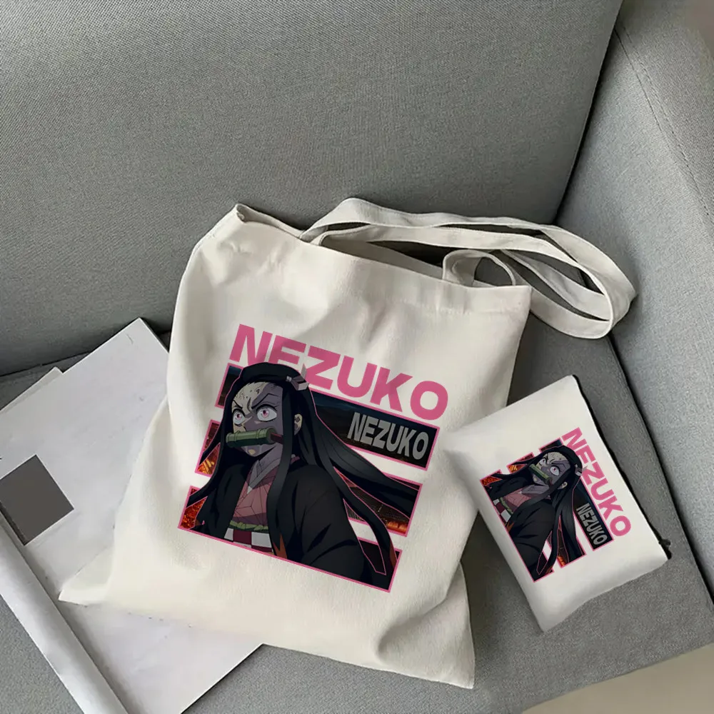 2pcs Demon Slayer Kamado Nezuko Tote Bag Set, Fashion Canvas Shoulder Bag with Makeup Bag, Portable Shopping Bag