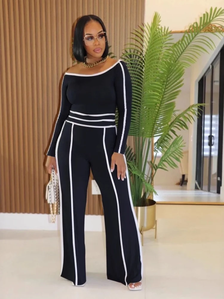 

Three Sisters Summer Fashion Commuting Leisure One Shoulder Slanted Collar Long Sleeve 2 Piece Sets Woman Outfit Pantsuits