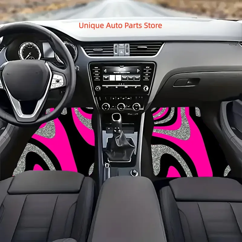 

Set of 4 Shimmering Pink And Black Wavy Design Car Floor Mats – Sturdy, Fashionable, Safeguards Interior, Maintains Cleanliness,