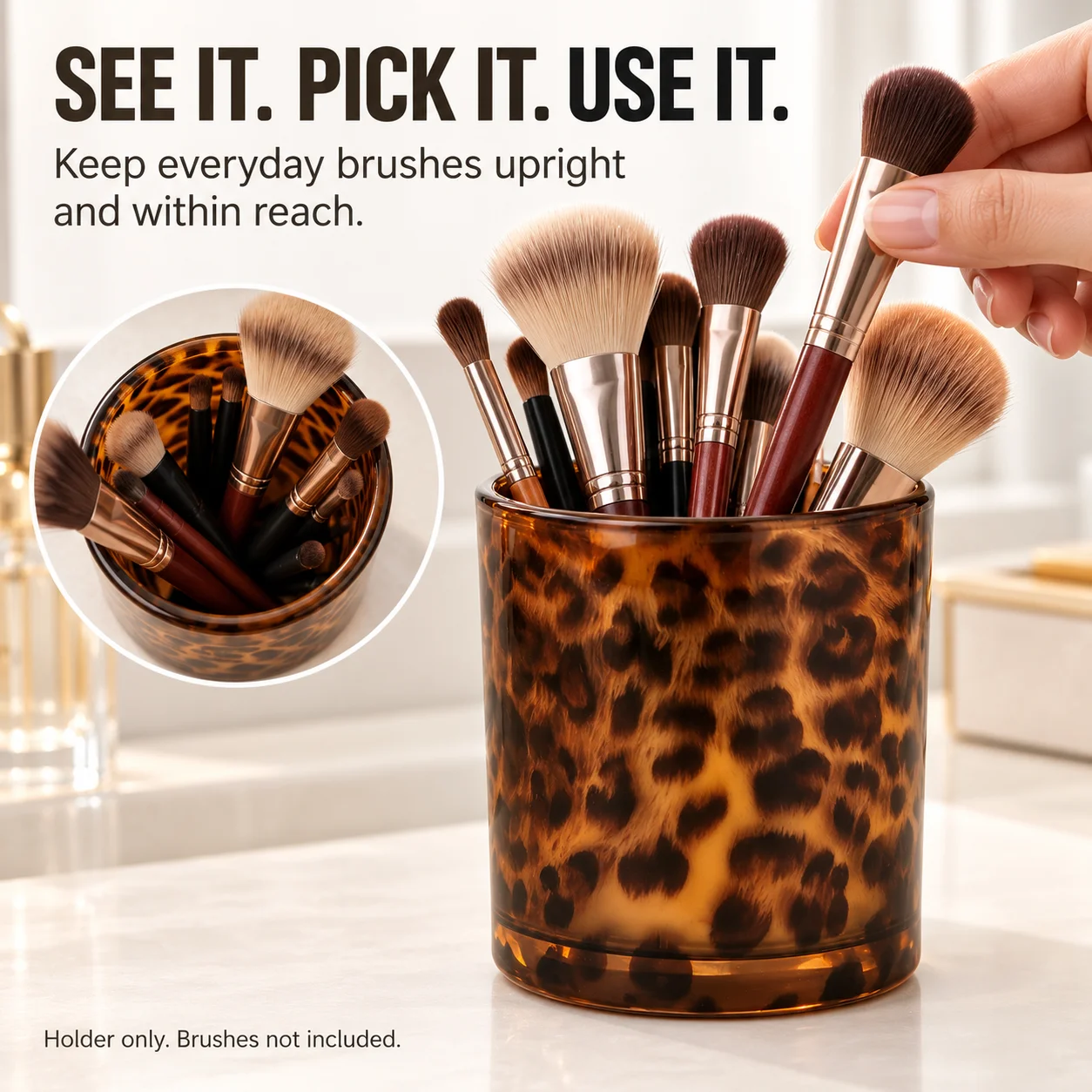 Leopard Print Glass Cosmetic Organizer,Amber Tortoiseshell Makeup Brush Holder Cup with Glossy Finish,Multifunctional Desktop Storage for Lipsticks,Eyeliner,Beauty Tools,Pens and Small Accessories,Vanity Dresser,Bathroom Counter and Bedroom Decor