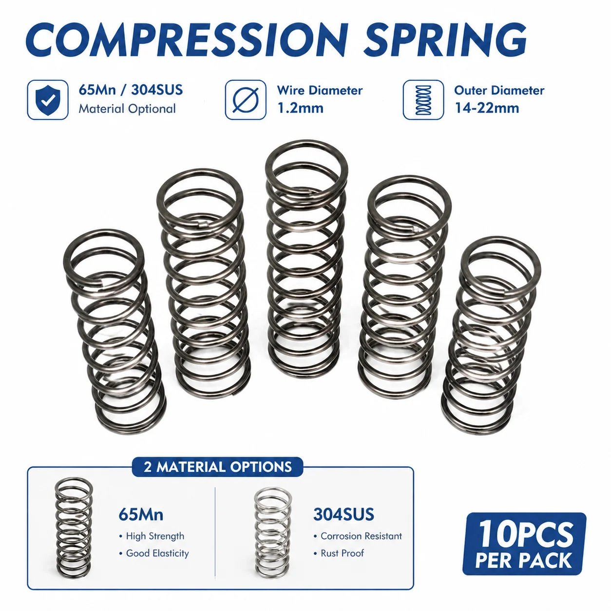 

10pcs 65Mn/304SUS High Hardness & Corrosion Resistant Stainless Steel Compression Springs, 1.2mm WD, OD 14-22mm, Length 10-100mm