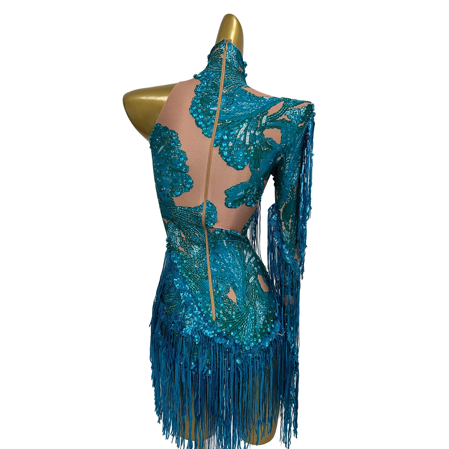 Duxiu Sparkly Blue Tassel Diamond One Shoulder Sleeve Bodysuit Women Sexy Skinny Party Singer Dancer Performance Stage Outfit