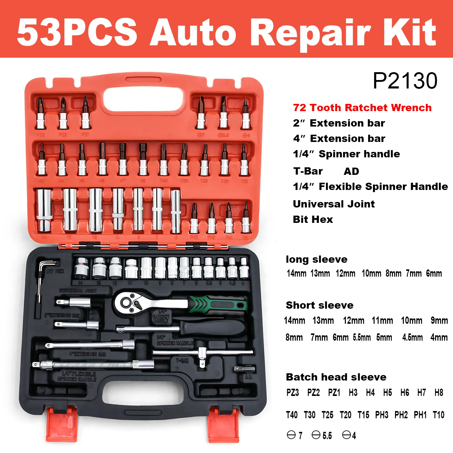 53 piece set of tools 1/4 small flying bar ratchet quick wrench socket auto repair machine repair kit toolbox