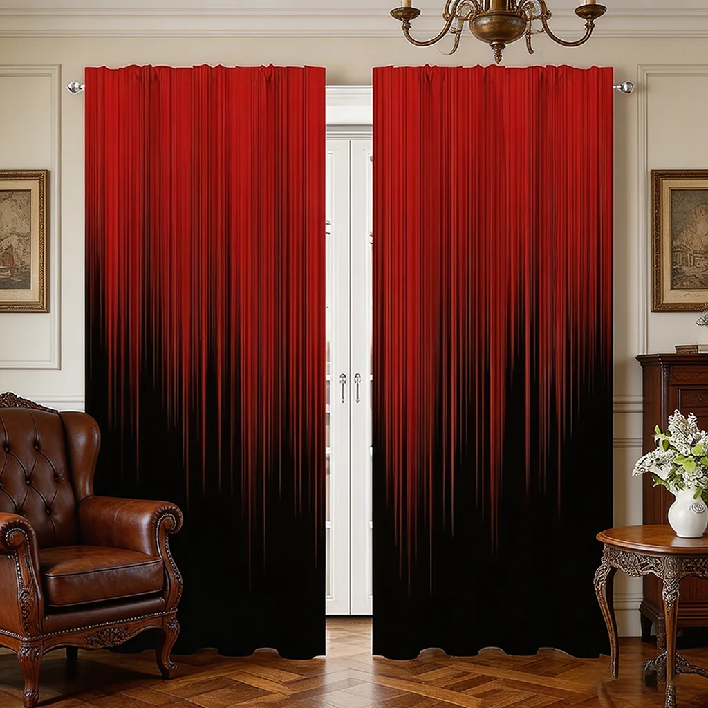 2 Pieces of Red and Black Gradient Printed Curtains with Pole Pockets, Suitable for Bedrooms and Living Rooms