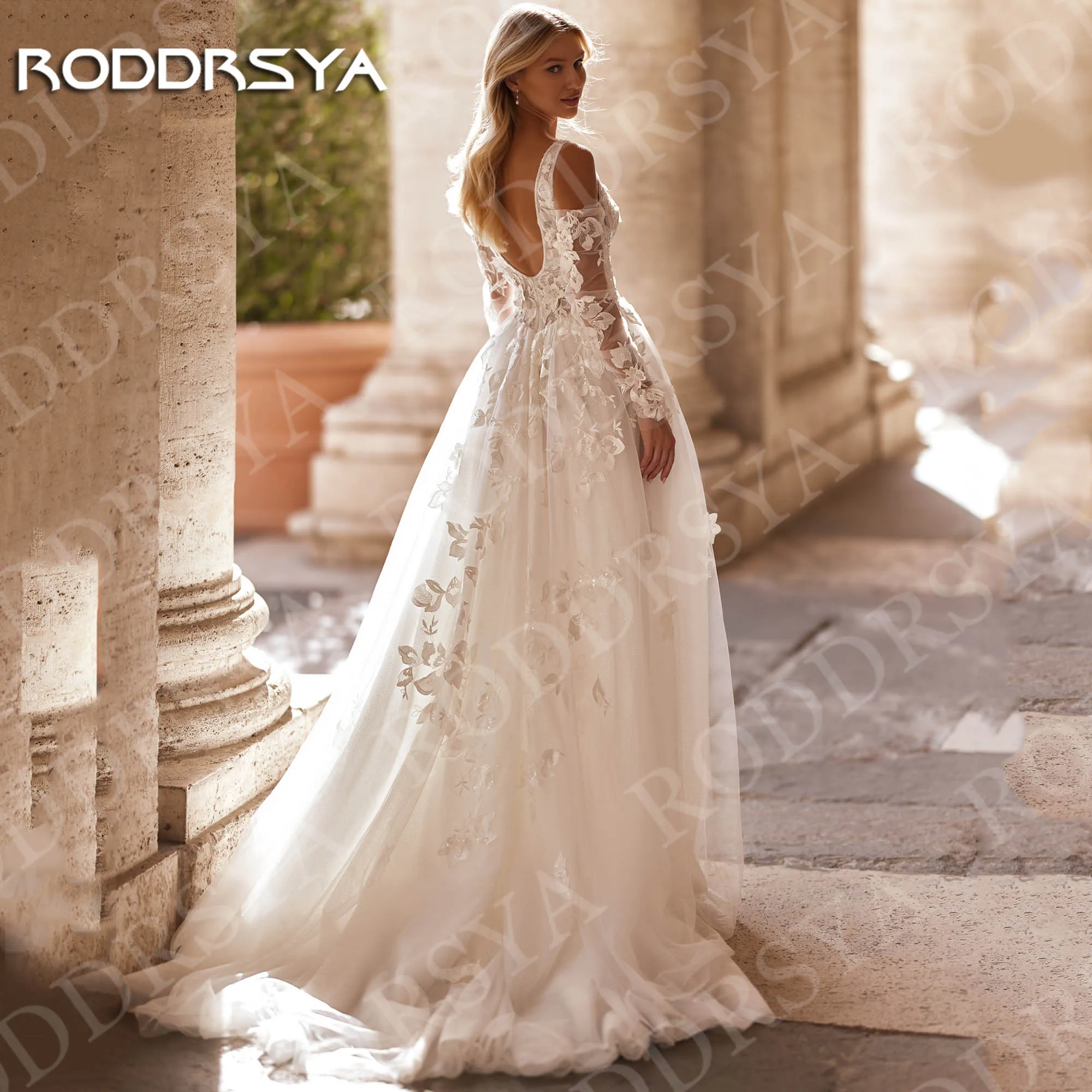 RODDRSYA Elegant V Neck Wedding Dresses Princess A Line Shine Open Back Tulle Long Sleeves Bridal Dress Lace Applique Customized