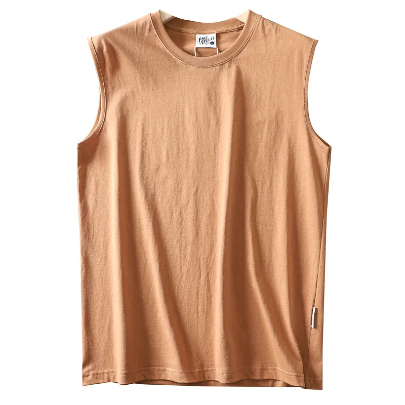 Summer New American Sleeveless O-neck Solid Color T-shirt Men\'s Fashion 100% Cotton Washed Casual Sports Fitness Basketball Vest