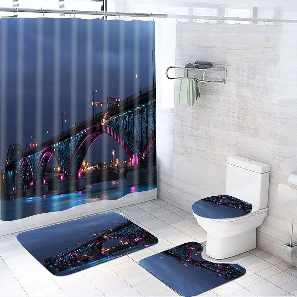 Modern Building Shower Curtain Sets Rug Bathroom Mats Toilet Cover New York City Skyscrapers Sunset Night Scenery Bath Curtains