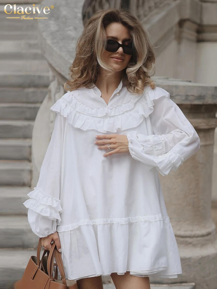 

Clacive Sprint Loose White Women's Dress 2026 Fashion Stand Collar Long Sleeve Mini Dresses Elegant Classic Ruffles Female Dress