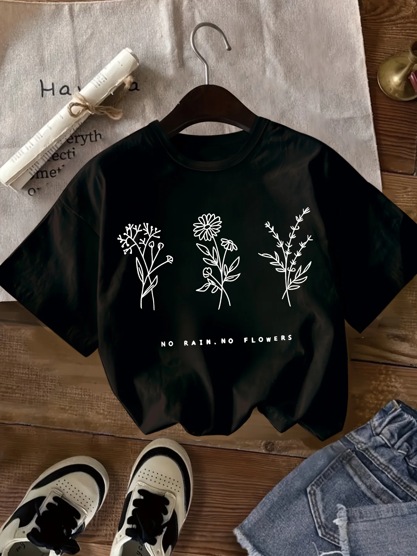 Summer Women T-Shirt No Rain No Flowers Letter Print O-Neck Short Sleeve Tee Wildflower Graphic Streetwear Aesthetic Female Tops
