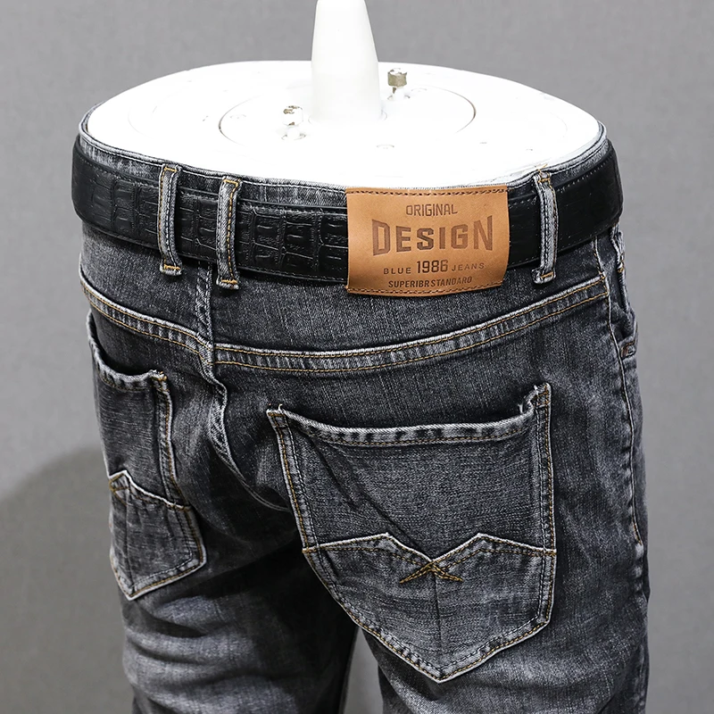 Fashion Designer Men Jeans High Quality Retro Black Gray Stretch Slim Fit Ripped Jeans Men Vintage Designer Denim Pants Hombre