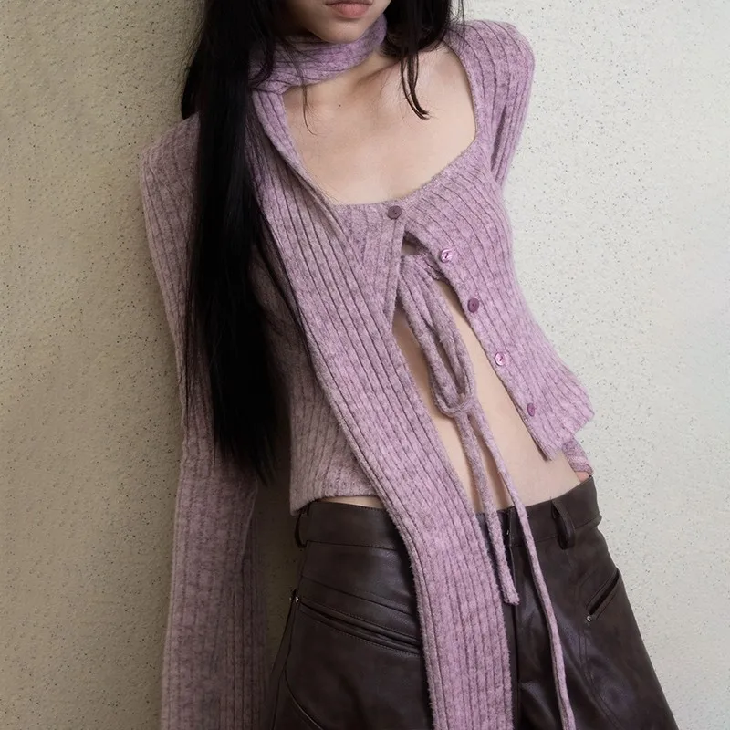 Karrram Japanese Y2k Short Cardigan With Scarf Korean Fashion Purple Knitwears Vintage Square Collar Crop Cardigans Aesthetics
