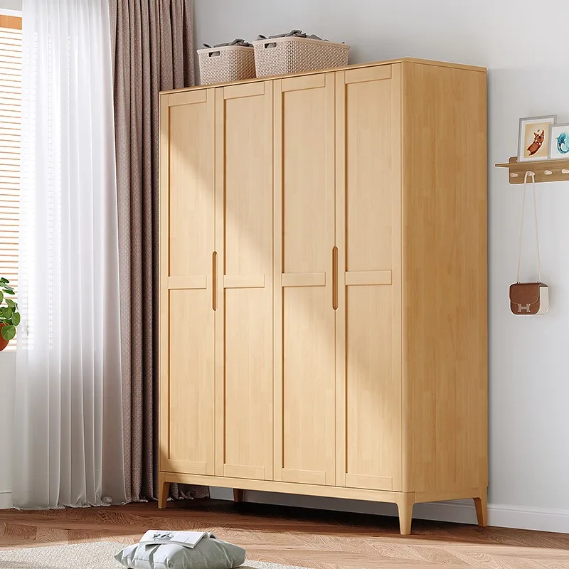 Nordic Solid Wood Wardrobe for Home Bedroom Hostel Storage Cabinet Japanese Style Assembly Closet with 2 3 or 4 Doors