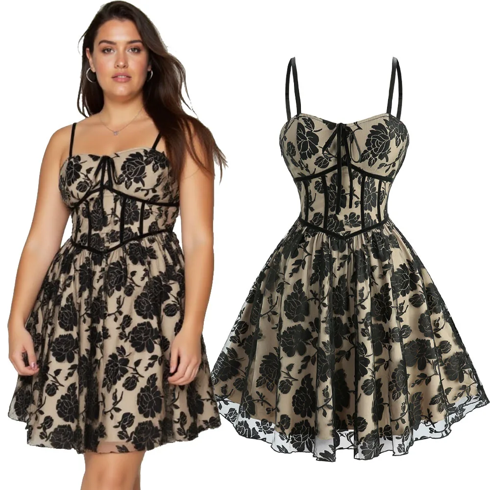 Abito a canotta a strati con sovrapposizione di pizzo floreale legato per cocktail e festa per ragazze, costume da indossare ogni giorno