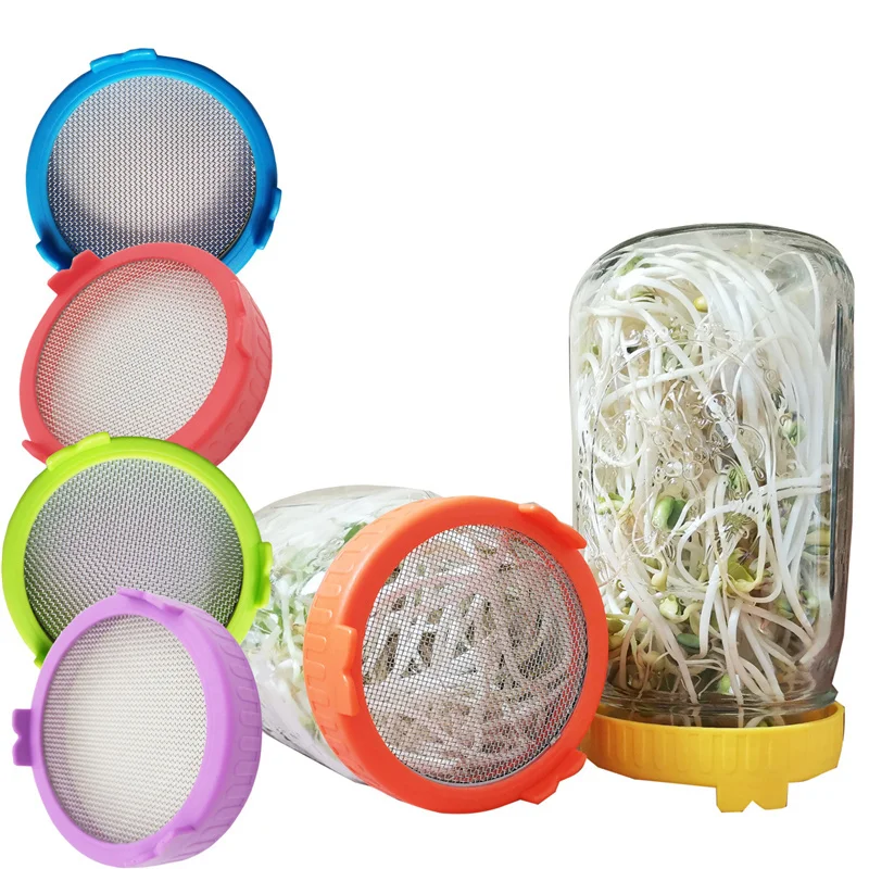 100Pcs Plastic Sprouting Lid with Stainless Steel Screen Mesh Cover for 86mm Wide Mouth Mason Sprout Jars Germination Strainer