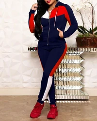 Autumn and Winter Fashion Zipper Pocket Design Hooded Colorblock Top & Pants Set Long Sleeve Casual Sporty Two-piece Sets