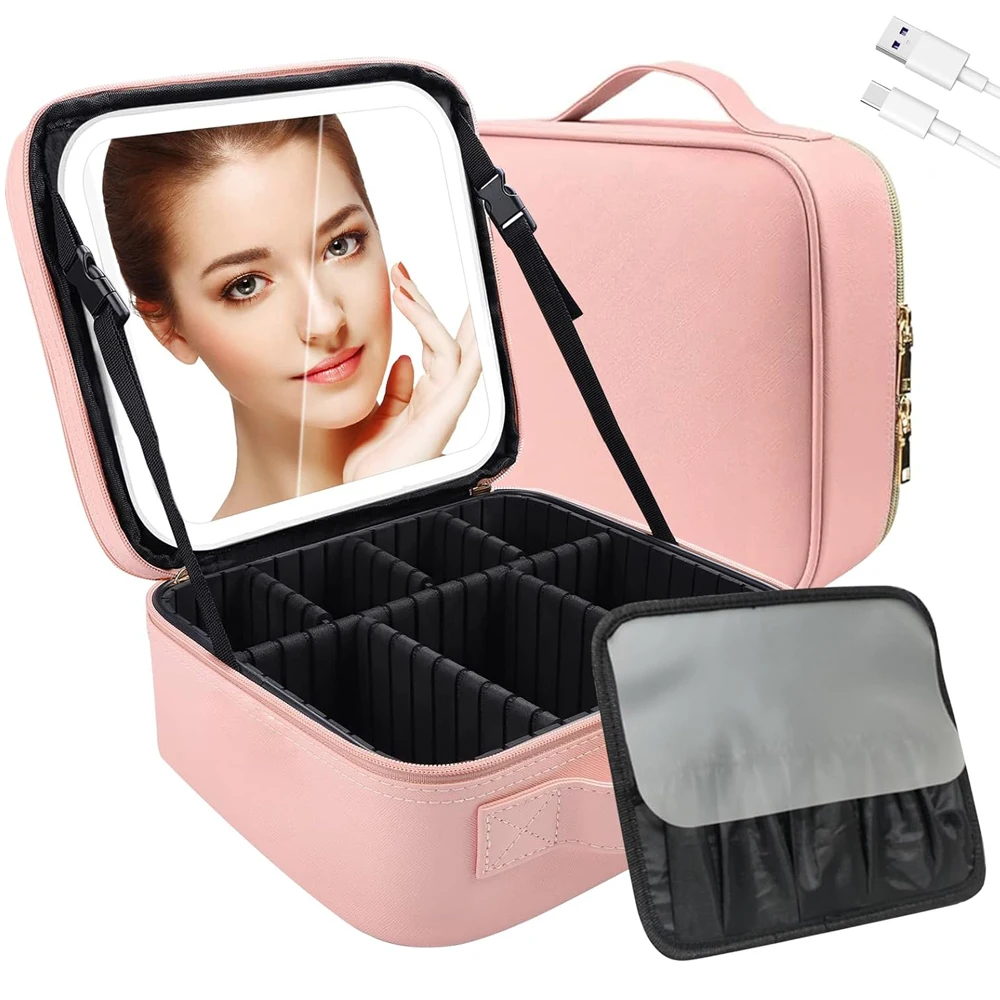 

Косметичка с зеркалом Дорожный футляр для хранения косметики Органайзер с подсветкой 3-цветные светодиодные фонари Регулируемые разделители и держатель для кистей