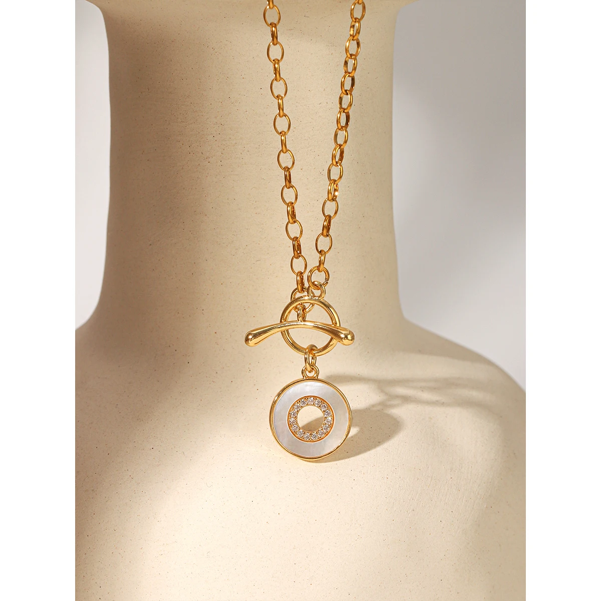 

White Mother Of Pearl Shell Necklace 18K Gold Plated 316L Stainless Steel OT Toggle Clasp Pave CZ Waterproof Jewelry For Women
