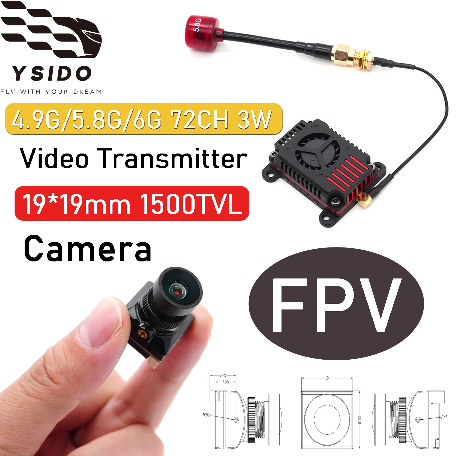 4.9G/5.8G/6G 72CH 3W FPV Video Transmitter with 1500TVL Camera 19*19mm DC 5V-20V for RC FPV Drone Fixed-wing Aircraft DIY Parts