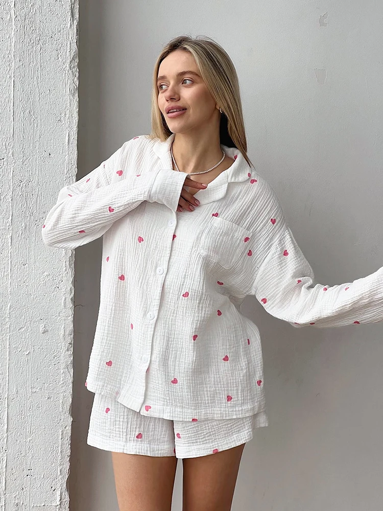 HiLoc Love Print-Ensemble 2 pièces pour femmes, vêtements de maison, vêtements de nuit à manches longues, olympiques en coton avec short, pyjama