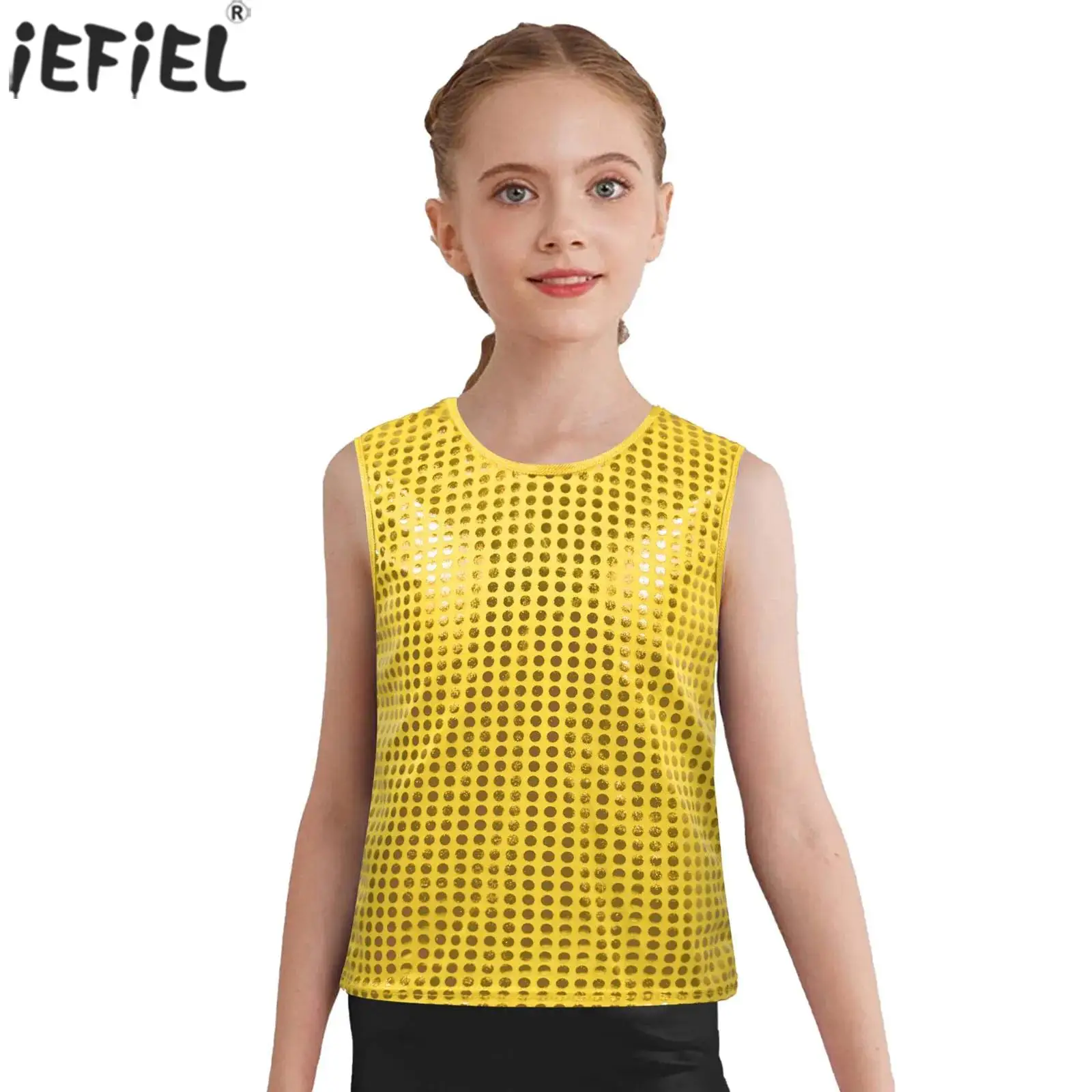 

Детский жилет для уличных танцев в стиле джаз, хип-хоп, жилет без рукавов с металлическими блестящими точками, майка для черлидинга, сценический костюм