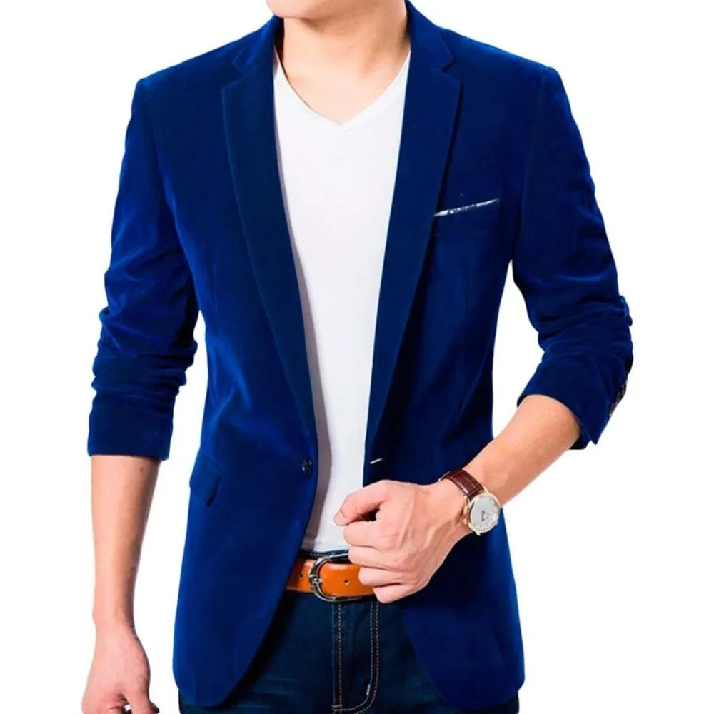 Men's One Button Royal Blue Velvet Blazer Peak Lapel Suit Jacket Slim Fit Casual Coat