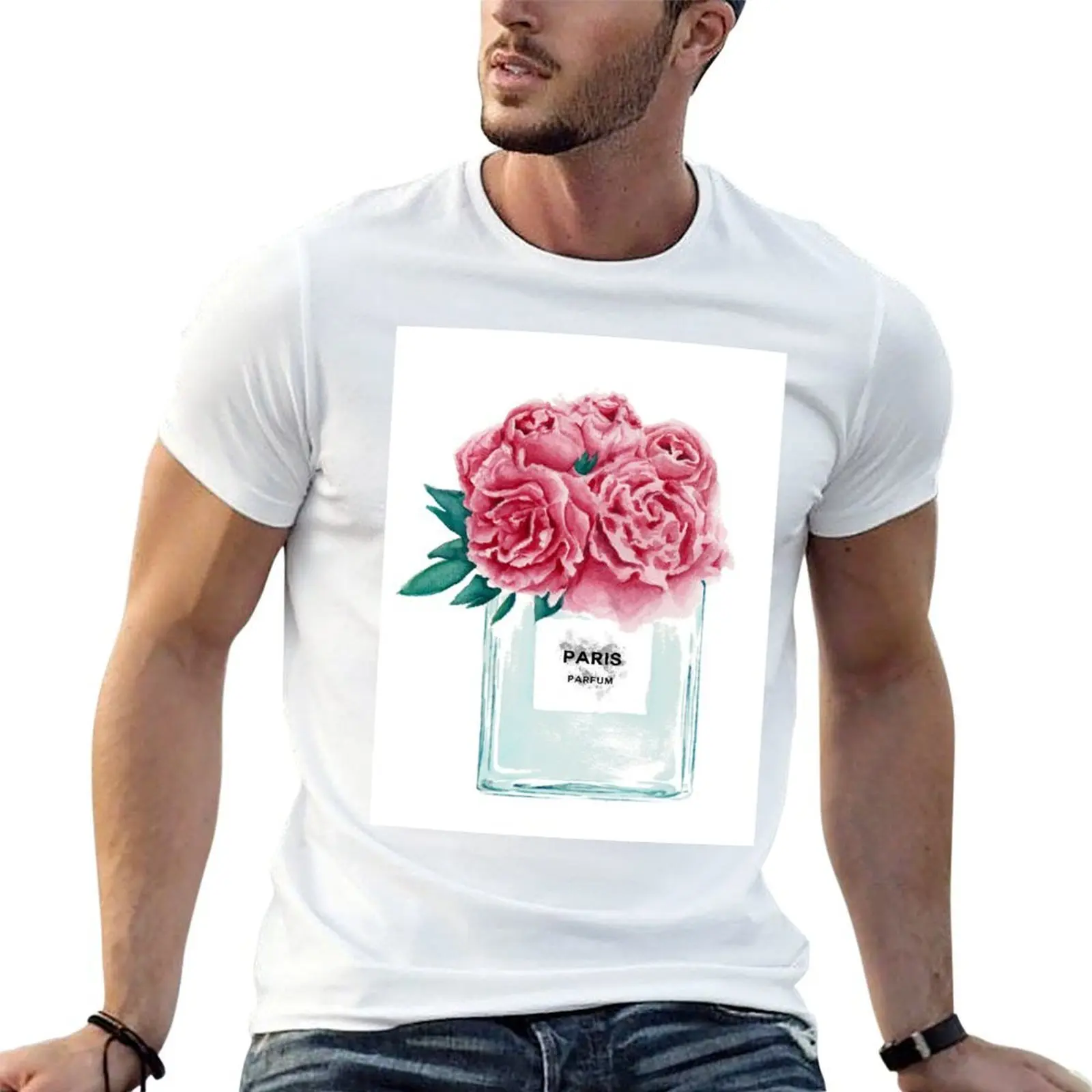 Perfume Bottle Watercolor Painting Hand Painted With Pink Flowers T-Shirt Clothing graphic tee shirt funny t shirts for men