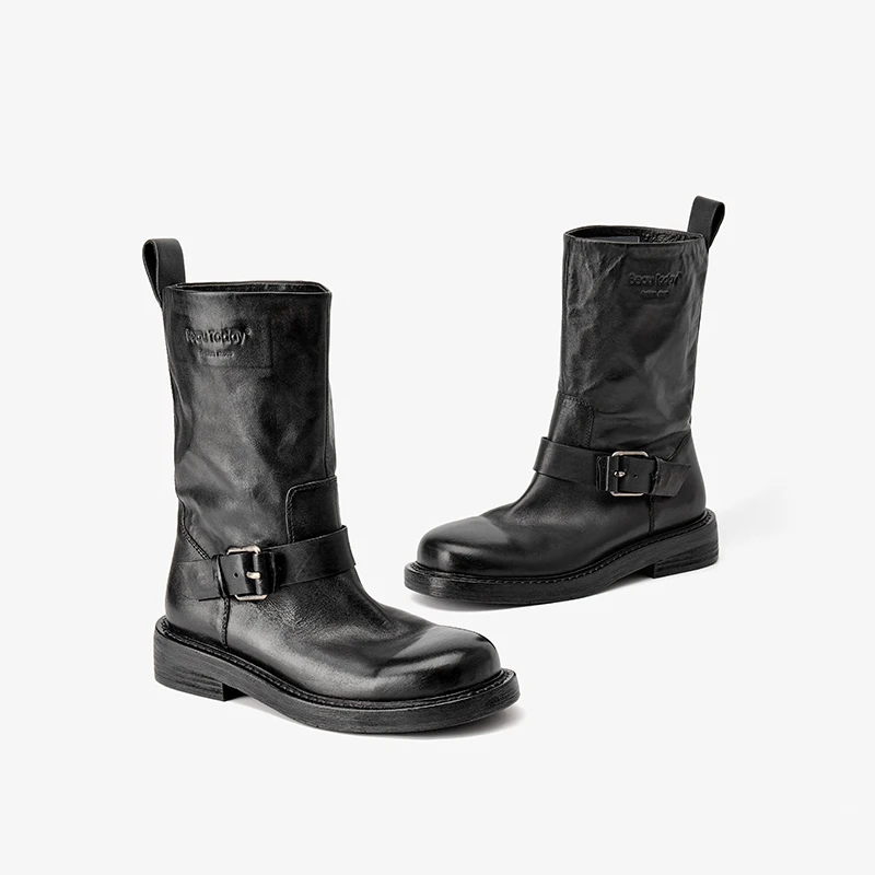 BEAUTODAY منتصف العجل أحذية النساء حقيقية الحصان الجلود الخياطة تصميم بلون الانزلاق على أحذية السيدات اليدوية 03158