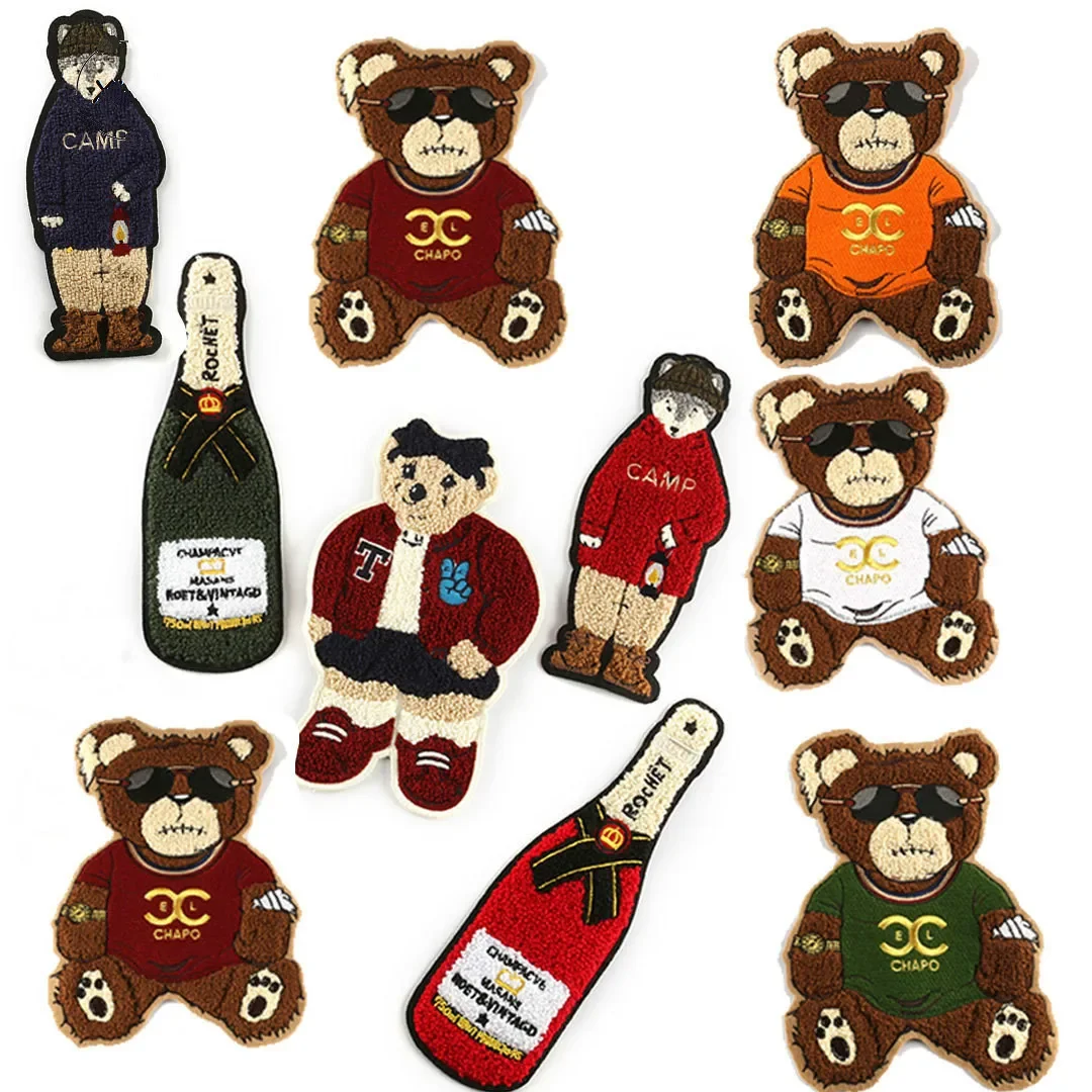 Cool Bear Sunglasses Chenille Patches Custom Bottle Sew on Badge Super Quality Towel Embroidery Patchwork Sticker Appliques