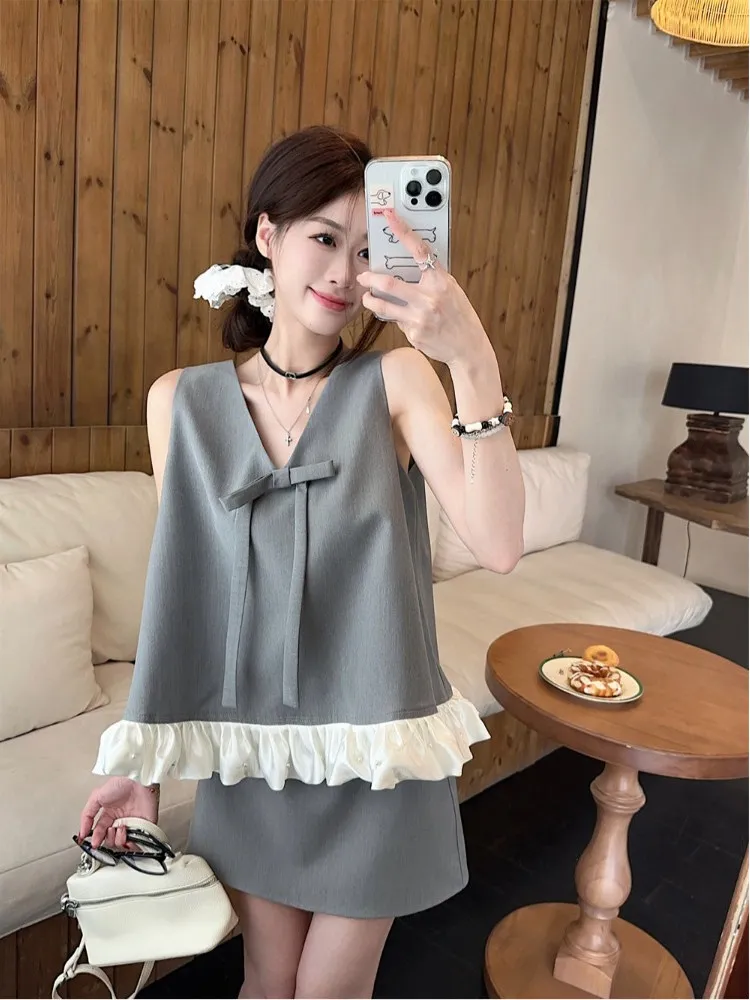

Elegant Knot V-Neck Half Skirt Set Women's Fashion Spring 2026 New Color Collision Two-Piece Suit Commute Style