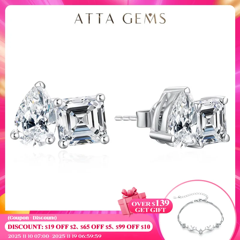 

ATTAGEMS Moissanite Silver 925 Earrings Pear Asscher Shape VVS1 Stud Earring for Women 2023 Trending Wedding Gift Fine Jewelry