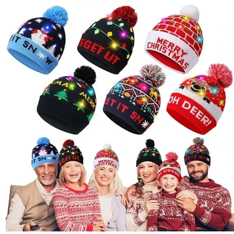 

New LED Christmas Hat X-mas Flash Light Up Knitted Hat Warm Winter Cap Christmas Gifts for Kids/Adults Xmas New Year Feative Hat