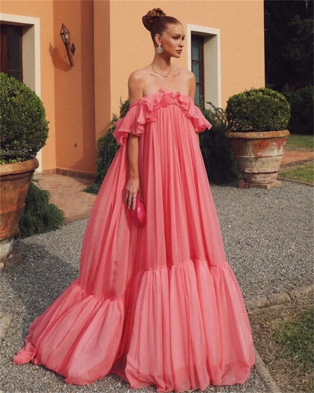 Amanda Elegant Off Shoulder فساتين السهرة Crimping Tulle Floor Lenght Prom Dress 2023 Sexy Short Sleeve Watermelon Red Prom Gown