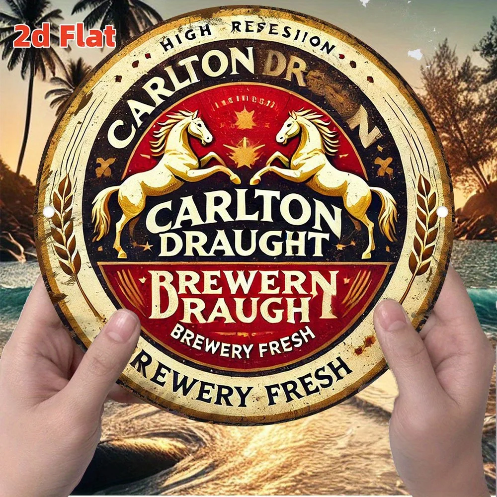 [2D Flat] Vintage Carlton Draught Brewery Metal Tin Sign - Rustic Aluminum Wall Decor with Golden Horses & Red & Yellow Design -