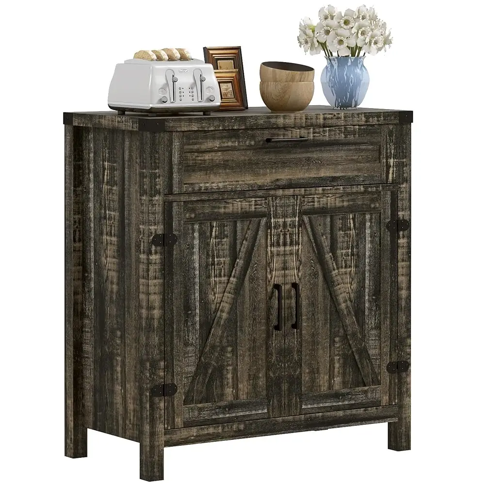 

Sideboard With Storage Drawer, Modern Farmhouse Kitchen Cabinet With 2 Barn Doors, Coffee Bar Cabinet, Dark Oak
