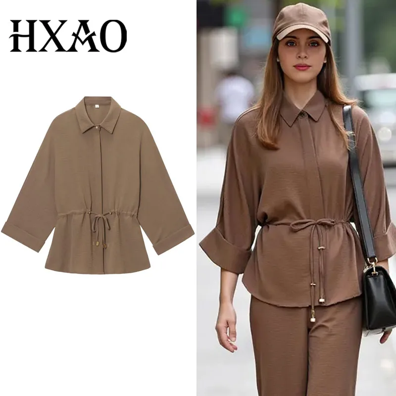 

Женская рубашка, летние льняные рубашки с рюшами и длинными рукавами на пуговицах с завязками на талии, корейский уличный стиль, офисный повседневный топ