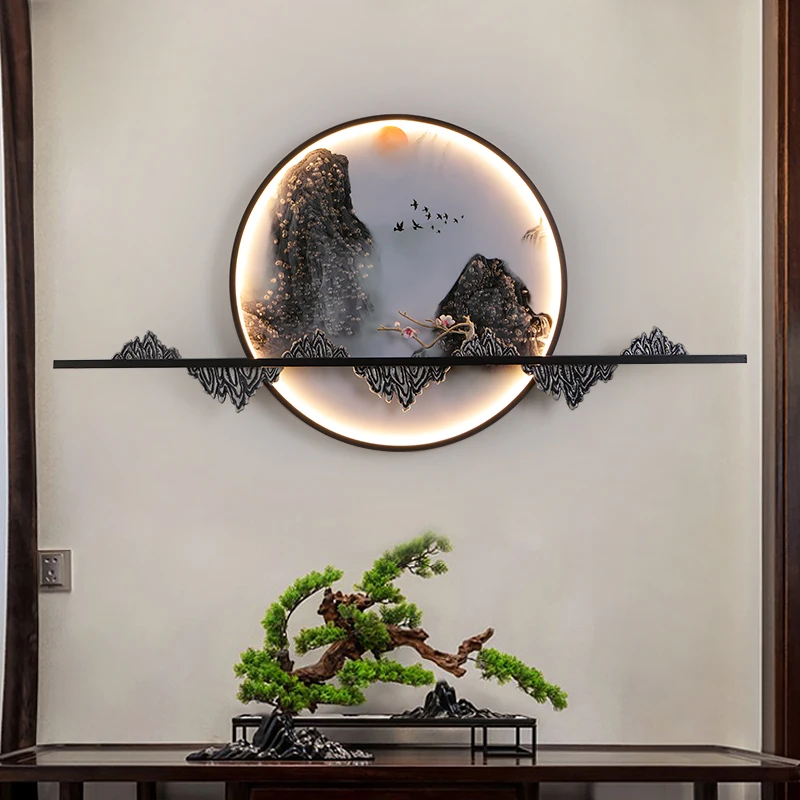 

New Chinese style, entrance, entrance, mural, lamp decoration, art, three colors, background wall