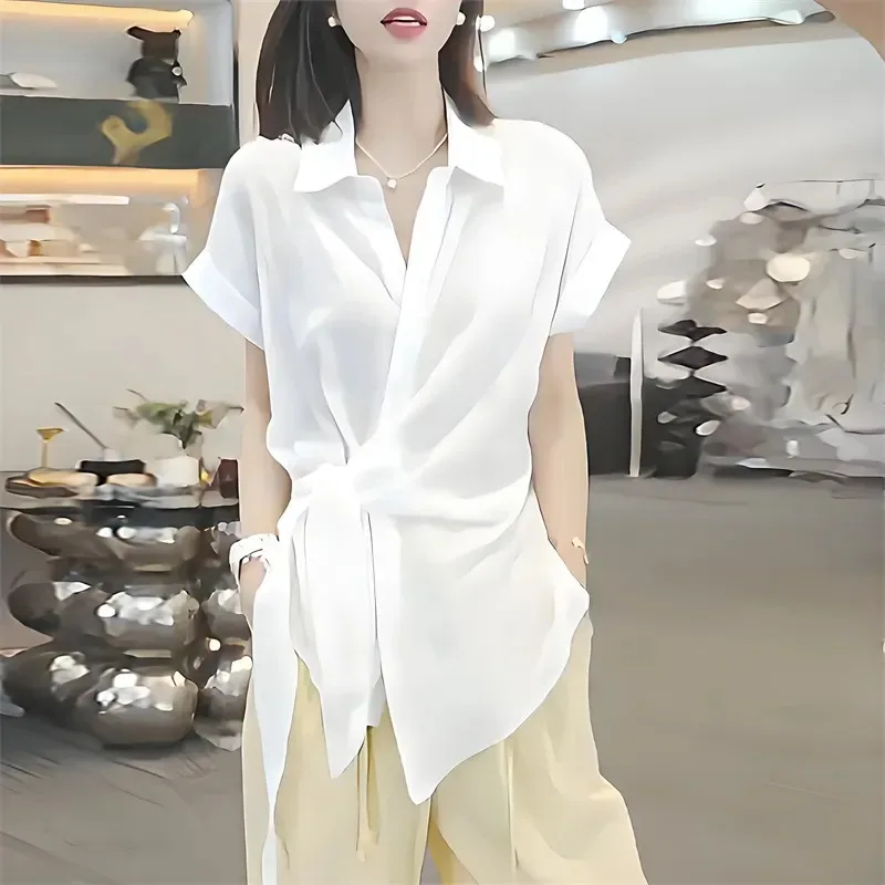 

Женская летняя элегантная свободная шифоновая рубашка с отложным воротником, однотонная, на пуговицах, дышащая, повседневная блузка-топ