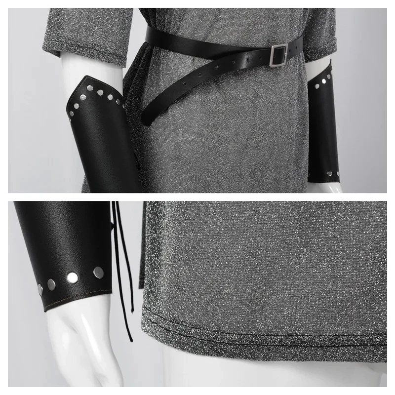 ❤2026❤ Anime Renaissance Faux Chain Mail Armor Tunic Shirt Coif Medieval Knight Cowl Crusader Costume Outfit Bracers Waist Belt❤ view 6