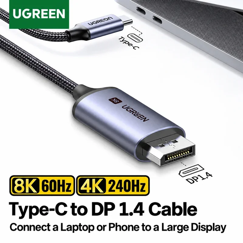 UGREEN 25157 USB-C to DisplayPort 1.4 Cable 1m 8K 60Hz 4K 240Hz 32.4Gbps Unidirectional for Monitor Laptop