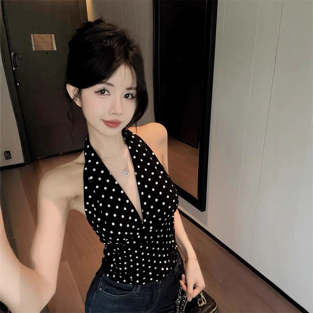 Elegant Black Polka Dot Backless V-Neck Women's Tank Top Fashionable Shoulder Strap Knitted Thin Summer Top from China