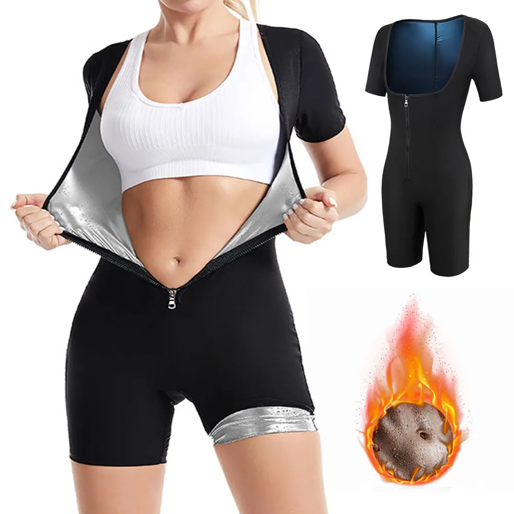 Frauen Sauna Sweat Shirt Reißverschluss Abnehmen Schweißanzug für Gewichtsverlust Kurze Ärmel Fettverbrennung Taille Trainer Body Shaper Sauna Top