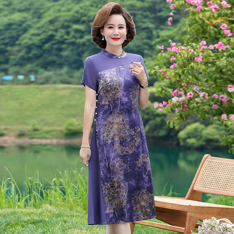 

Summer satinA-Line Dress Women Middle-aged New Cheongsam Long Dress Splice Beach Elegant Mother Print Dresses