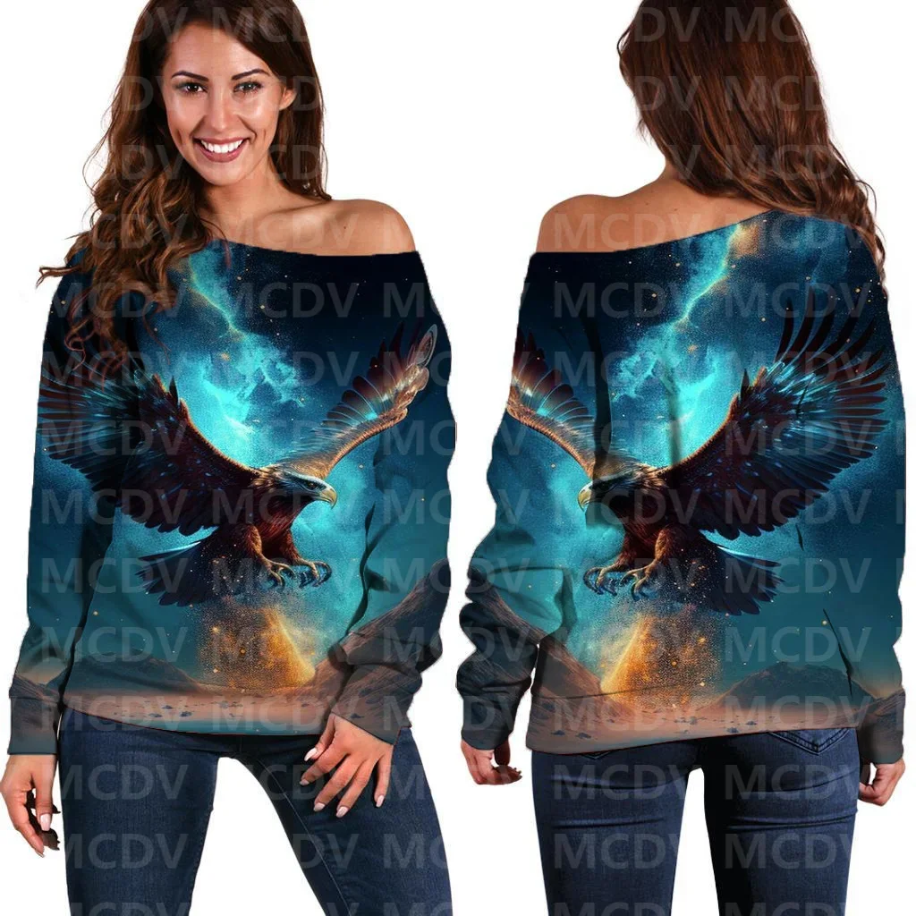 Women's Off Shoulder Sweater Eagle 3D Printed Women Casual Long Sleeve Sweater Pullover