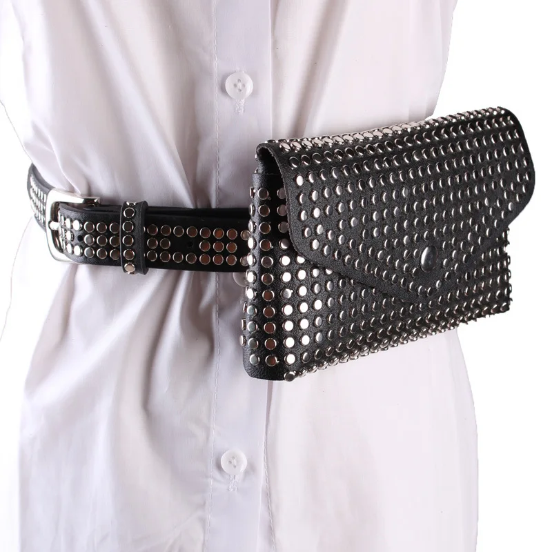Women's Rivet Waist Bag Belt Personalized Mobile Phone Bag Punk Style INS Waist Bag Mini Square Bag All-match Casual Belt Bag